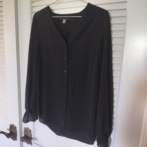 T Tahari Women's Long Sleeve Ruffle Cuff Semi Sheer Black Blouse Size Medium